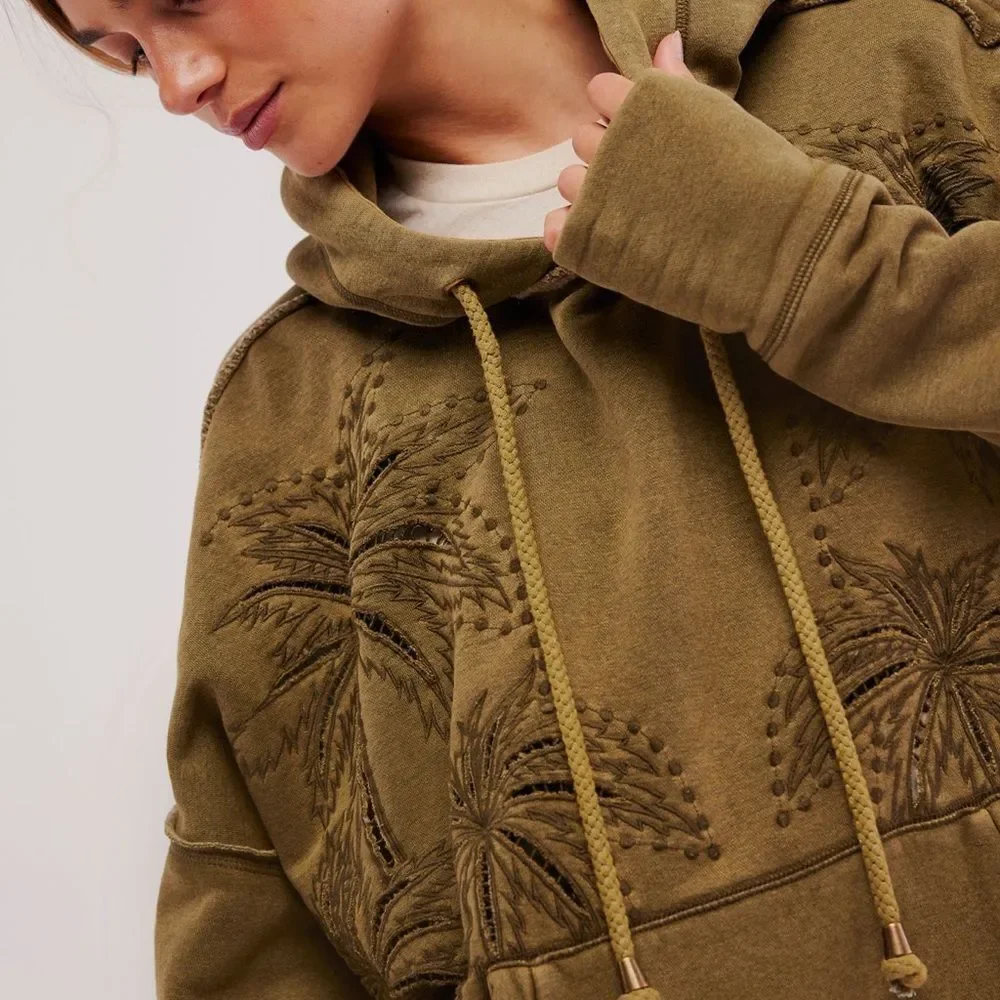 Free People We the Free Palm Springs Embroidered Hoodie in Fir Green